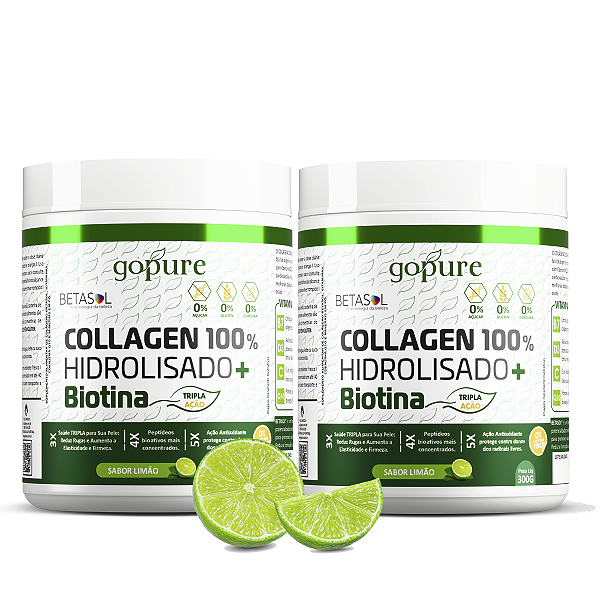 2 Potes de Collagen 300g 100% Hidrolisado + Biotina sabor Limão