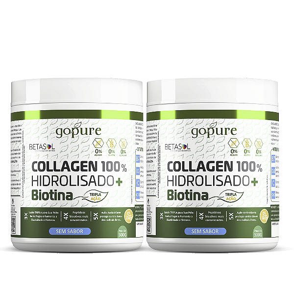 Kit 2 Colágeno 300g 100% Hidrolisado + Biotina Sem Sabor