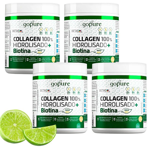 Kit 4 Colágeno 100% Hidrolisado 300g + Biotina sabor Limão
