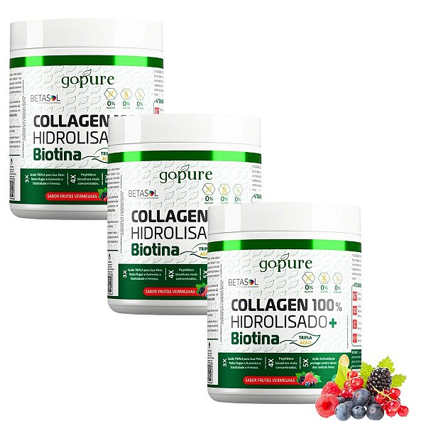 Kit 3 COLLAGEN 100% Hidrolisado 300G + Biotina sabor Frutas Vermelhas