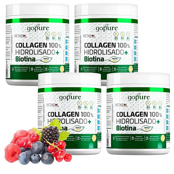 Kit 4 COLLAGEN 100% Hidrolisado 300G + Biotina sabor Frutas Vermelhas