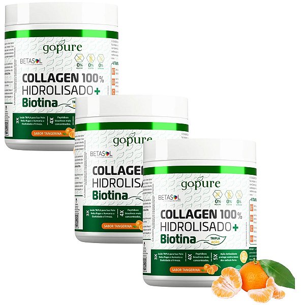 Kit 3 Colágeno 100% Hidrolisado 300G + Biotina sabor Tangerina