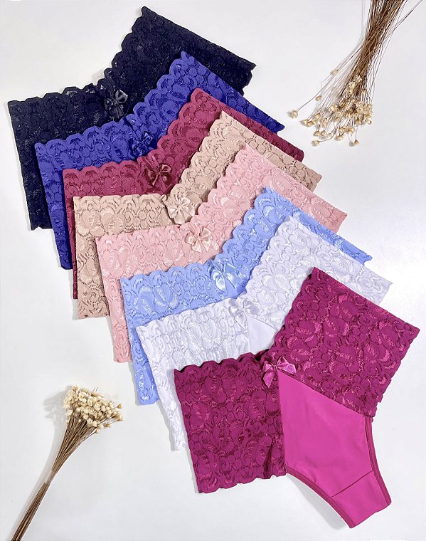 Kit com 7 Calcinhas Jasmim em Renda