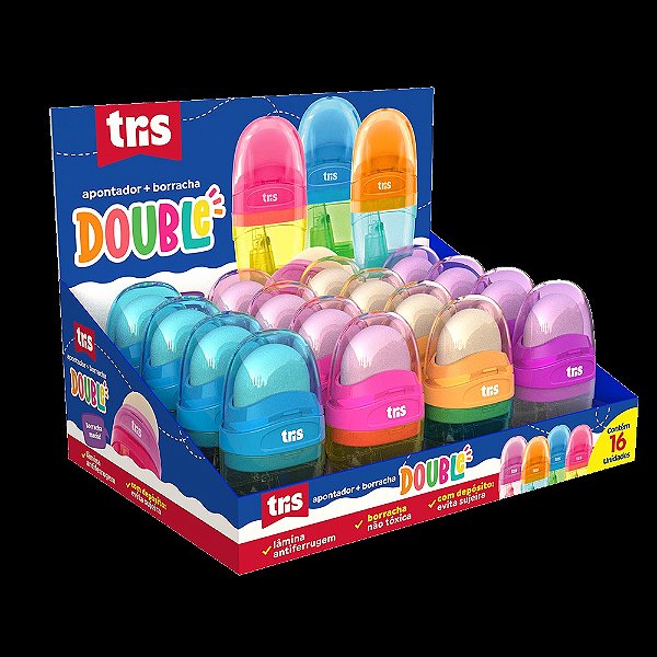 Apontador Tris Double com Borracha Colorido
