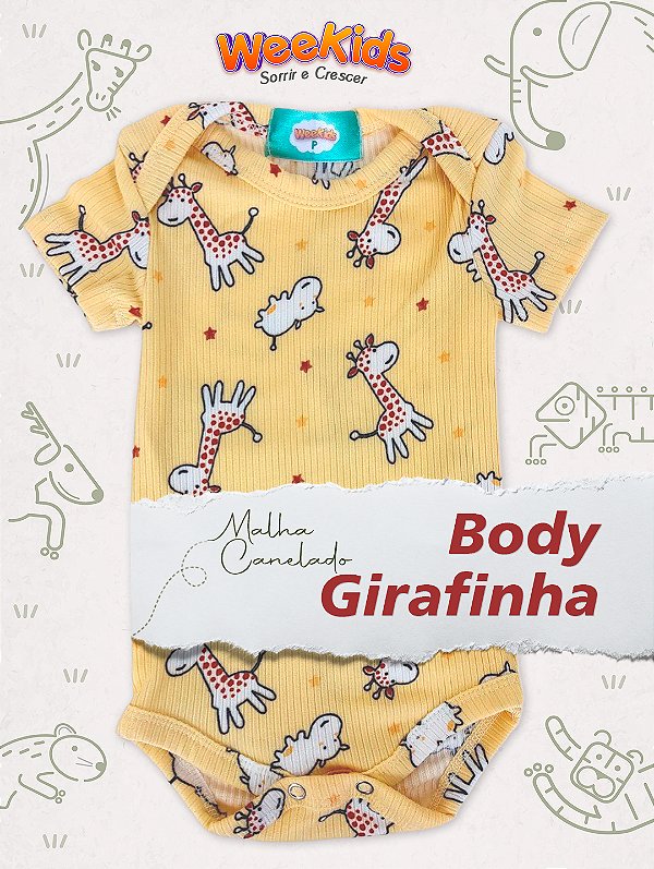 Body Girafinha de Manga Curta WeeKids - Canelado Amarelo Estampado