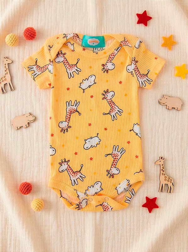 Body Girafinha de Manga Curta WeeKids - Canelado Amarelo Estampado