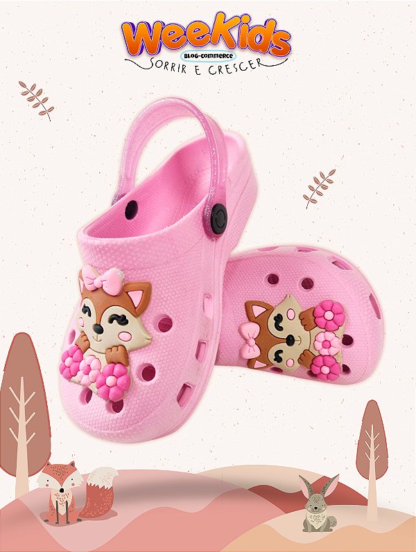 Sandália Babuche Rosa Rapozinha Floral com Correia Rosa Gliter