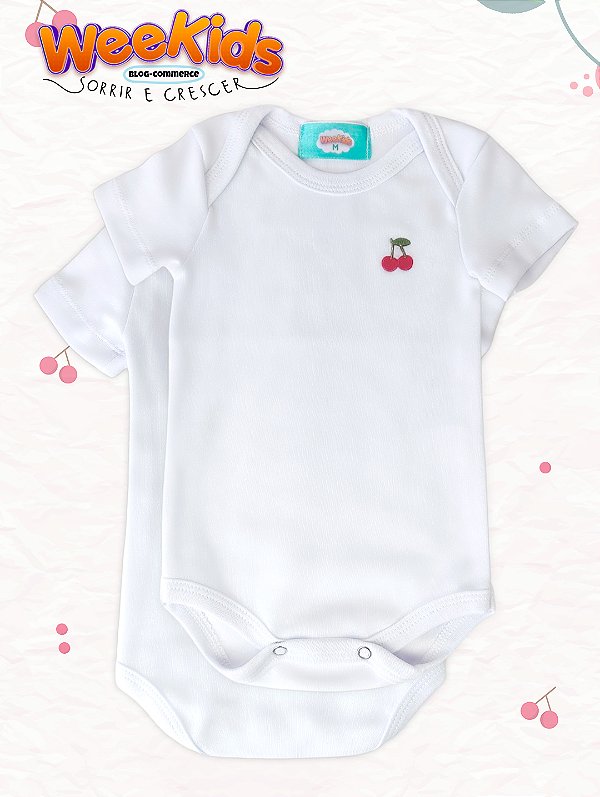 Body Branco Cerejinha de Manga Curta WeeKids - Suedine 100% Algodão