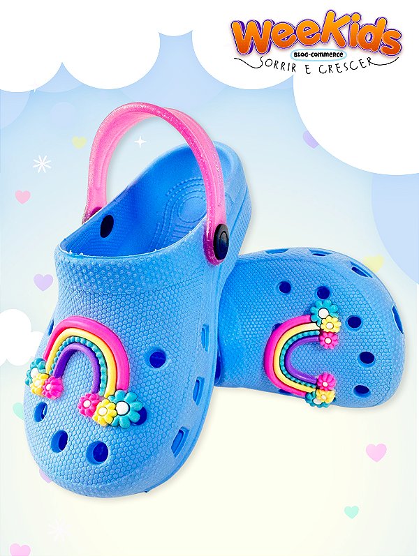 Sandália Babuche Azul Bebê Arco-Íris com Correia Pink Gliter