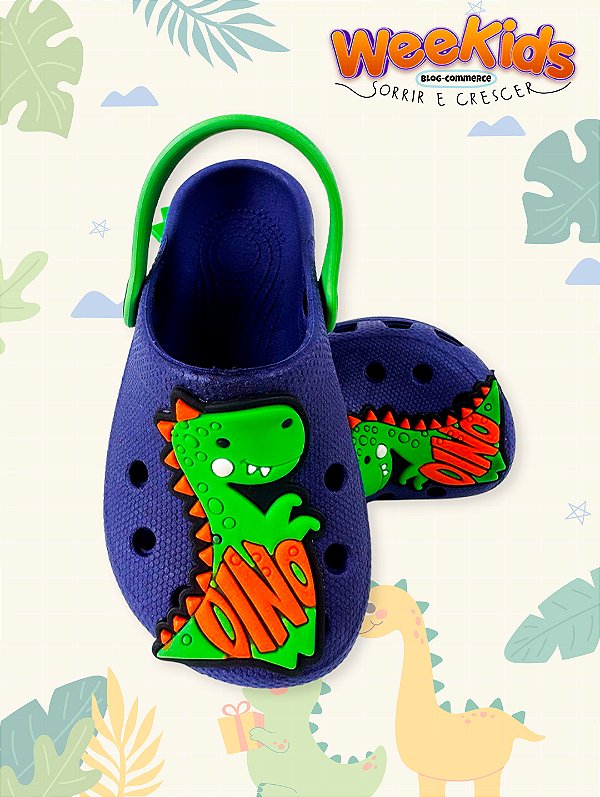 Sandália Babuche Azul Escuro Dinossauro com Correia Verde