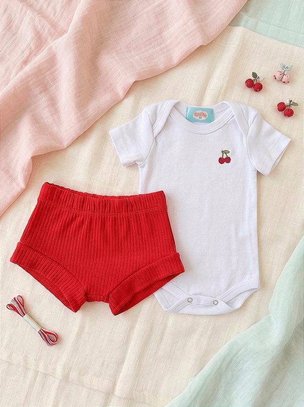 Conjunto Body Manga Curta Cerejinha e Shorts Ribana