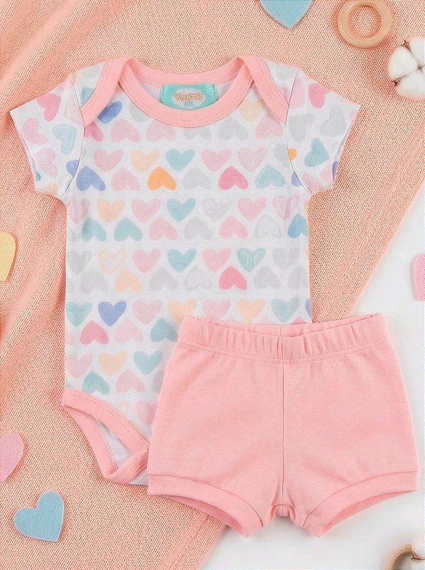 Conjunto Bebê Body Algodão Corações Manga Curta + Short Rosa