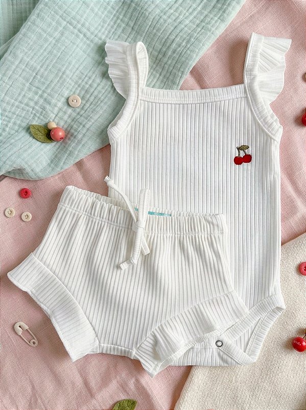 Conjunto Bebê Feminino Canelado Body Babado Off White Cereja