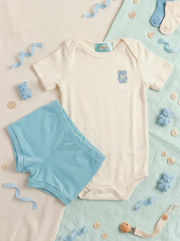 Conjunto Bebê Masculino Body Off White Ursinho + Short Azul Claro Algodão