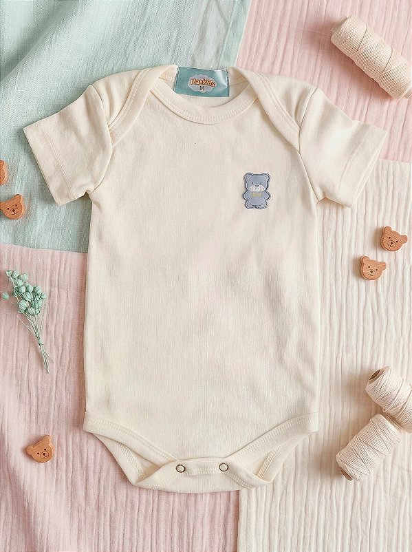 Body Bebê Off White Algodão Gola Envelope Ursinho Azul