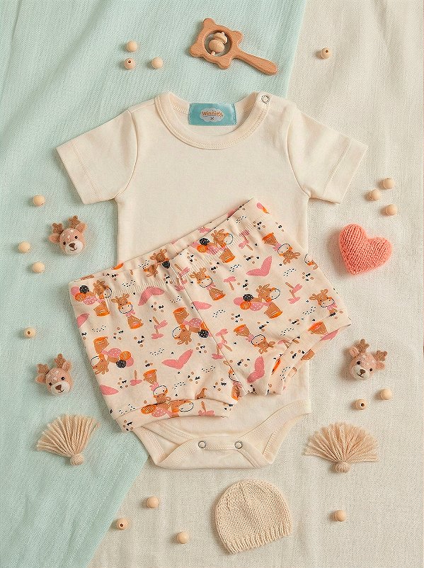 Conjunto Bebê Body Off White Shorts Estampa Girafa