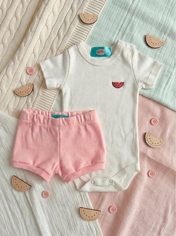 Conjunto Bebê Feminino Algodão Body Off White Melancia Short Rosa