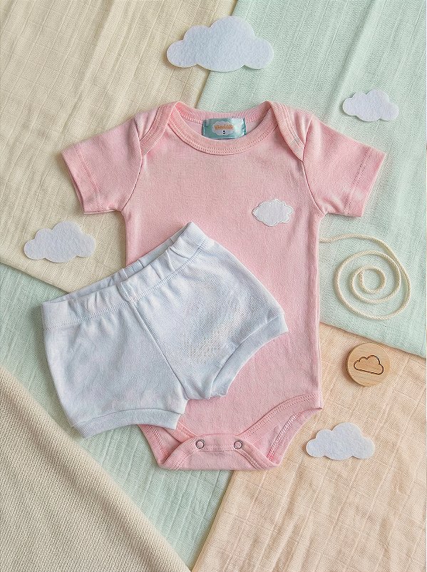 Conjunto Bebê Feminino 100% Algodão Rosa com Nuvem