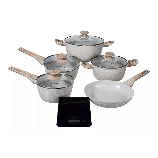 Conjunto de Panelas 5 Peças Revestimento Ceramico Antiaderente Marble Life - Balança Digital