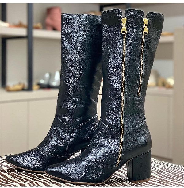 Bota de couro legítimo com 2 zíperes - Bota Premium