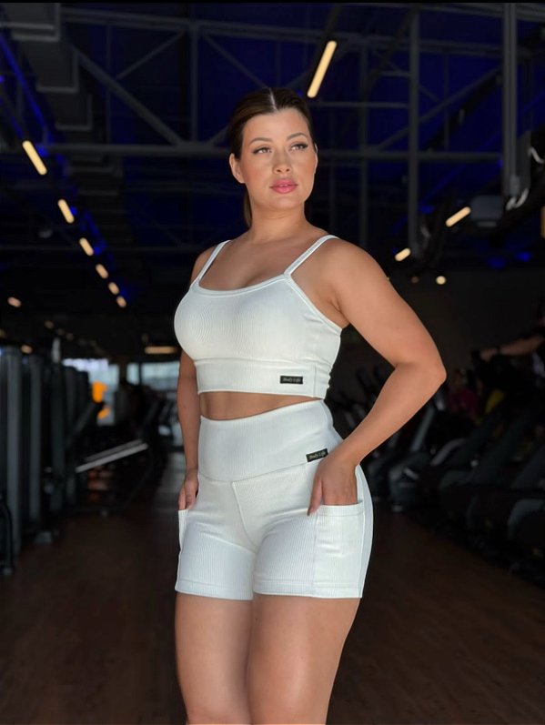 Conjunto fitness Off White feminino linha Paris Premium, tecido blackout ZERO transparência