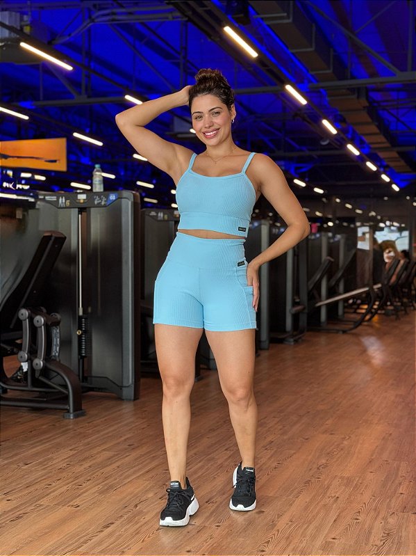 Conjunto fitness Sky Blue feminino linha Paris Premium, tecido blackout ZERO transparência