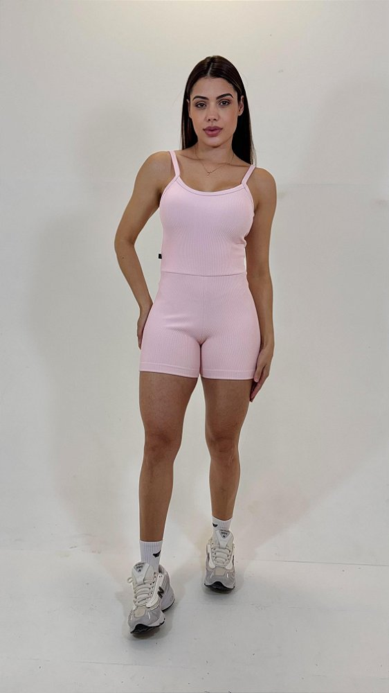 Macaquinho Feminino Fitness Tecido Canelado Linha Paris curto ou meia coxa cor Crystal Rose