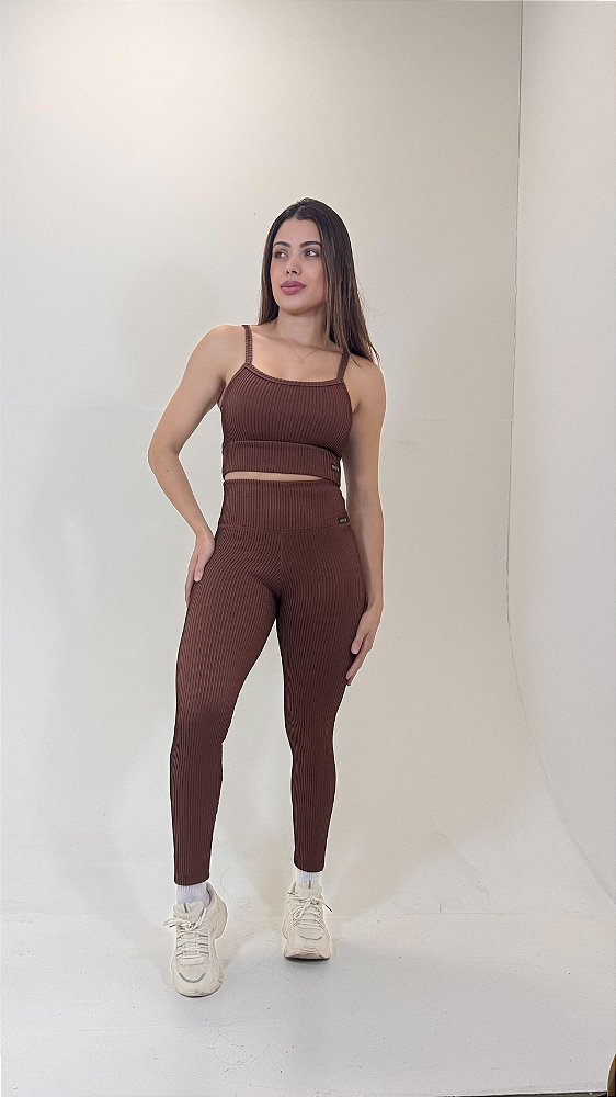 Conjunto de Jacquard Top Cropped+Legging Cós Alto - Cor Marrom