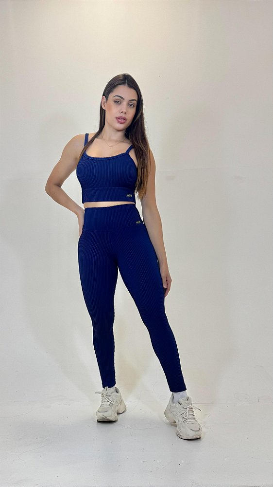 Conjunto de Jacquard Top Cropped+Legging Cós Alto - Azul Marinho