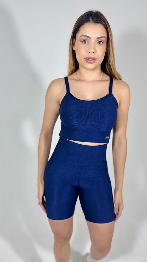 Conjunto Linha Luminous – Azul Marinho-Top cropped + shorts cós alto com bolso