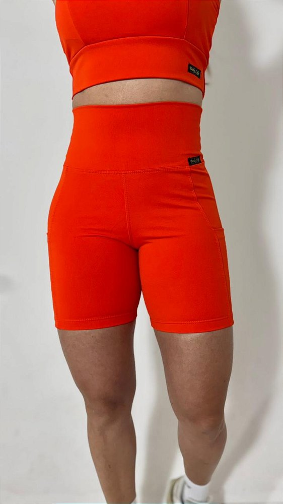 Shorts Com Bolso Feminino Cós Alto Linha Duplex - Cor laranjada