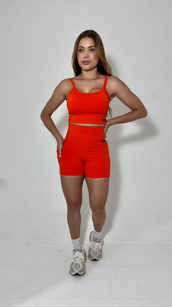 Conjunto fitness feminino Top cropped + Shorts com bolso cós alto linha Duplex Power