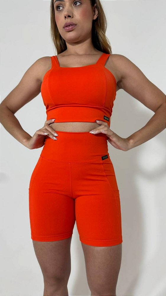 Conjunto fitness feminino Top Alça larga + Shorts com bolso cós alto linha Duplex Power
