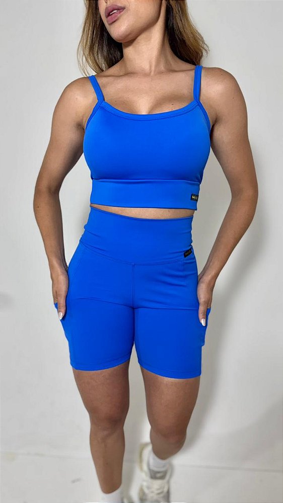 Conjunto Azul Royal fitness feminino Top cropped + Shorts com bolso cós alto linha Duplex Power
