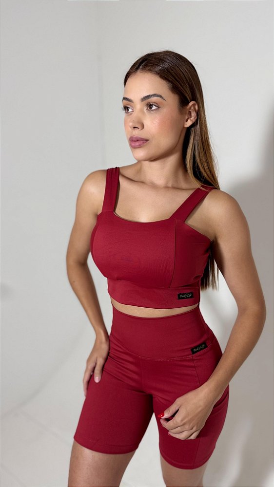 Conjunto fitness feminino Top Alça larga + Shorts com bolso cós alto linha Duplex Power