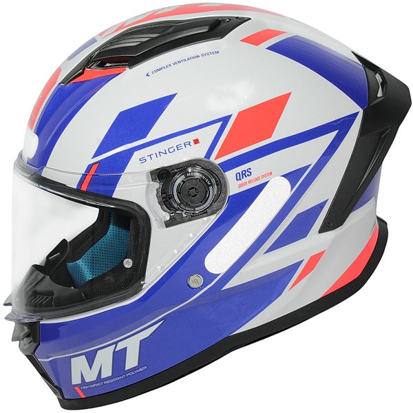 Capacete MT Helmets Stinger 2 Zivze E7 Gloss Pearl fechado reforçado branco e azul