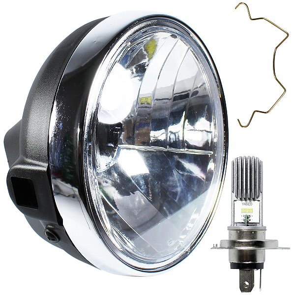 Farol completo YBR125 Factor 2009 a 2016 aro cromado com lâmpada led bloco globo optico