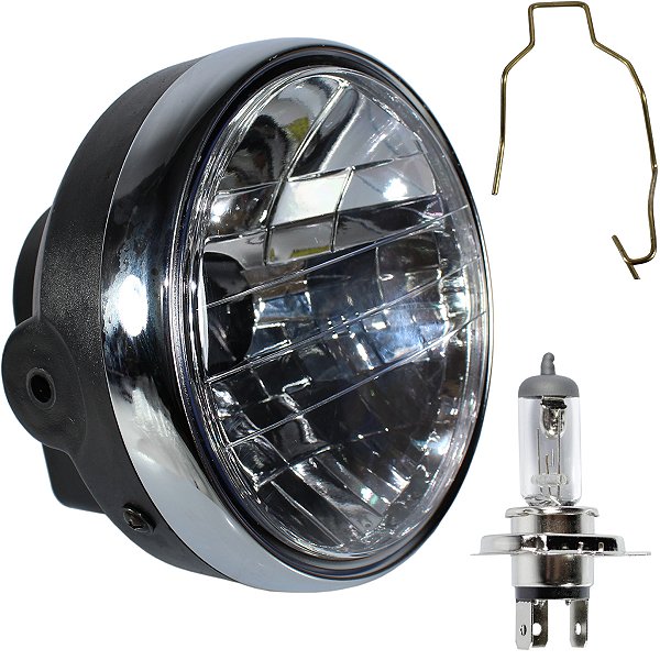 Farol completo CG150 Titan Sport 2004 a 2008 aro cromado com lâmpada bloco globo optico
