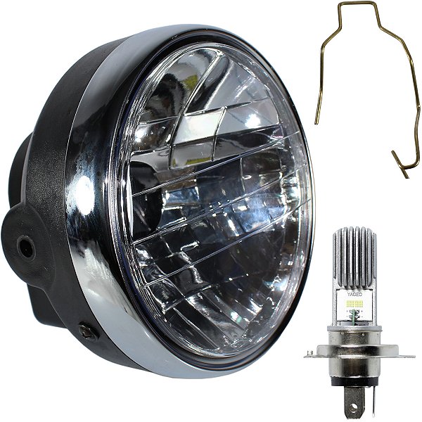 Farol completo CG150 Titan Sport 2004 a 2008 aro cromado com lâmpada led bloco globo optico