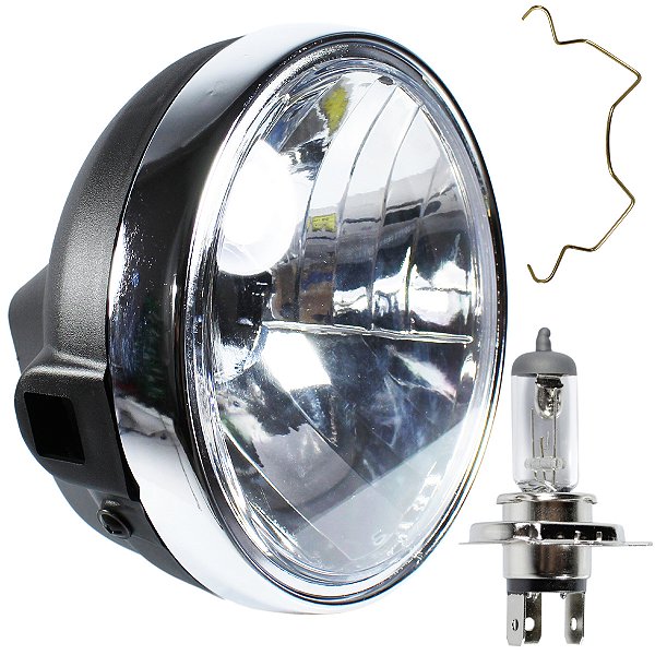 Farol completo YBR125 Factor 2009 a 2016 aro cromado com lâmpada bloco globo optico