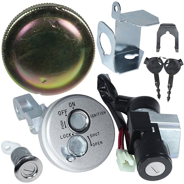 Kit conjunto travas chave ignição Biz125 2009 a 2015 contato tampa do tanque trava do banco 4 peças