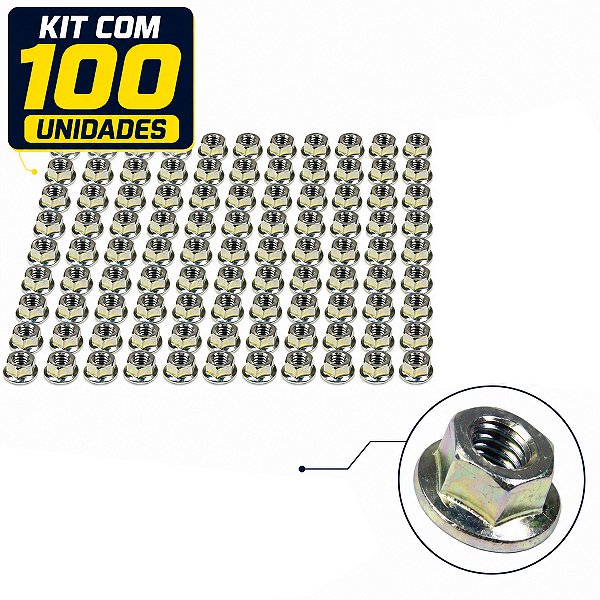 Kit 100 porca M8 sextavada com flange chave 12 zincada