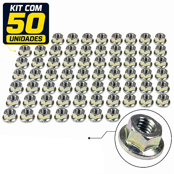 Kit 50 porca M8 sextavada com flange chave 12 zincada