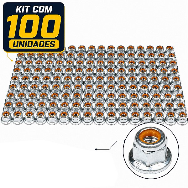 Kit 100 porca M6 sextavada travante com flange chave 10 zincada