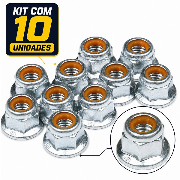 Kit 10 porca M6 sextavada travante com flange chave 10 zincada