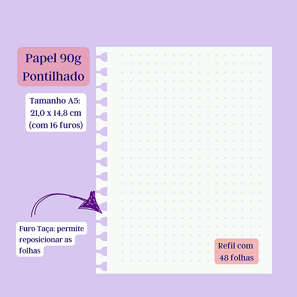 Refil Papel 90g Pontilhado para caderno Smart Desenho (Wire-o, anel duplo) - A5, Universitário, A4