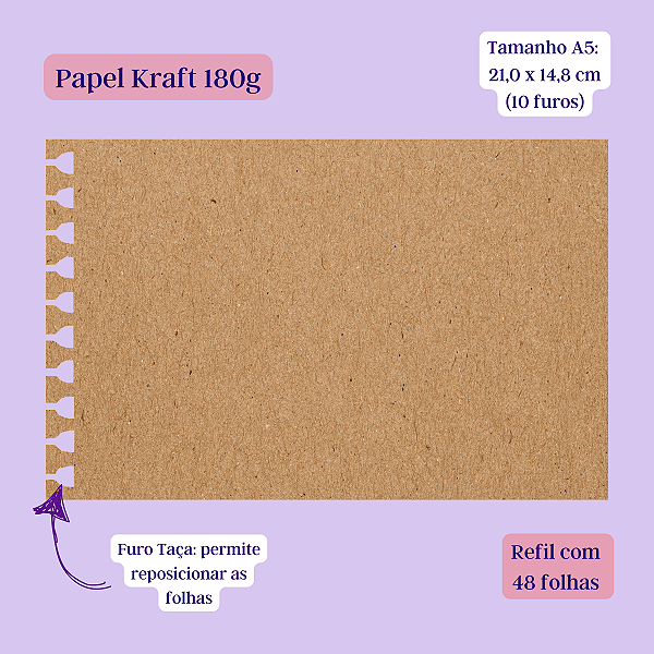 Refil Papel Kraft 180g para caderno Smart (Wire-o, anel duplo) - A5, A4