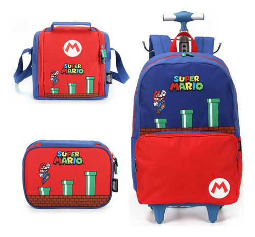 Kit Mochila Rodinhas Lancheira Estojo Original Super Mario