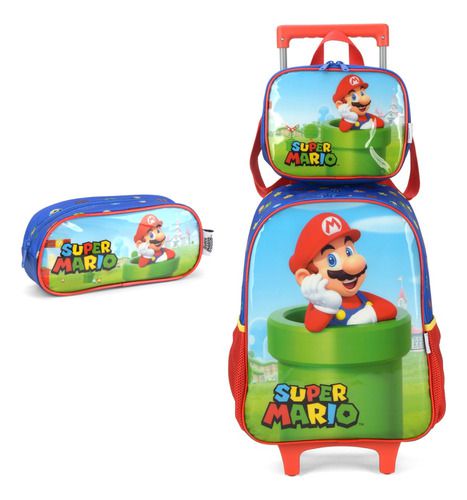 Kit Mochila Carrinho Lancheira Estojo Super Mario