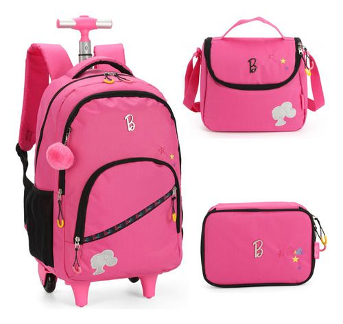 Kit Mochila Rodinhas Porta Notebook Lancheira Estojo Barbie